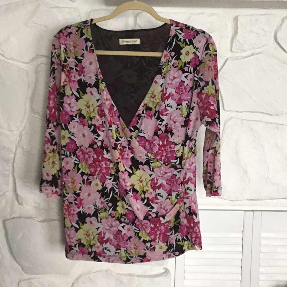 Floral black pink Wrap lined Top Coldwater Creek